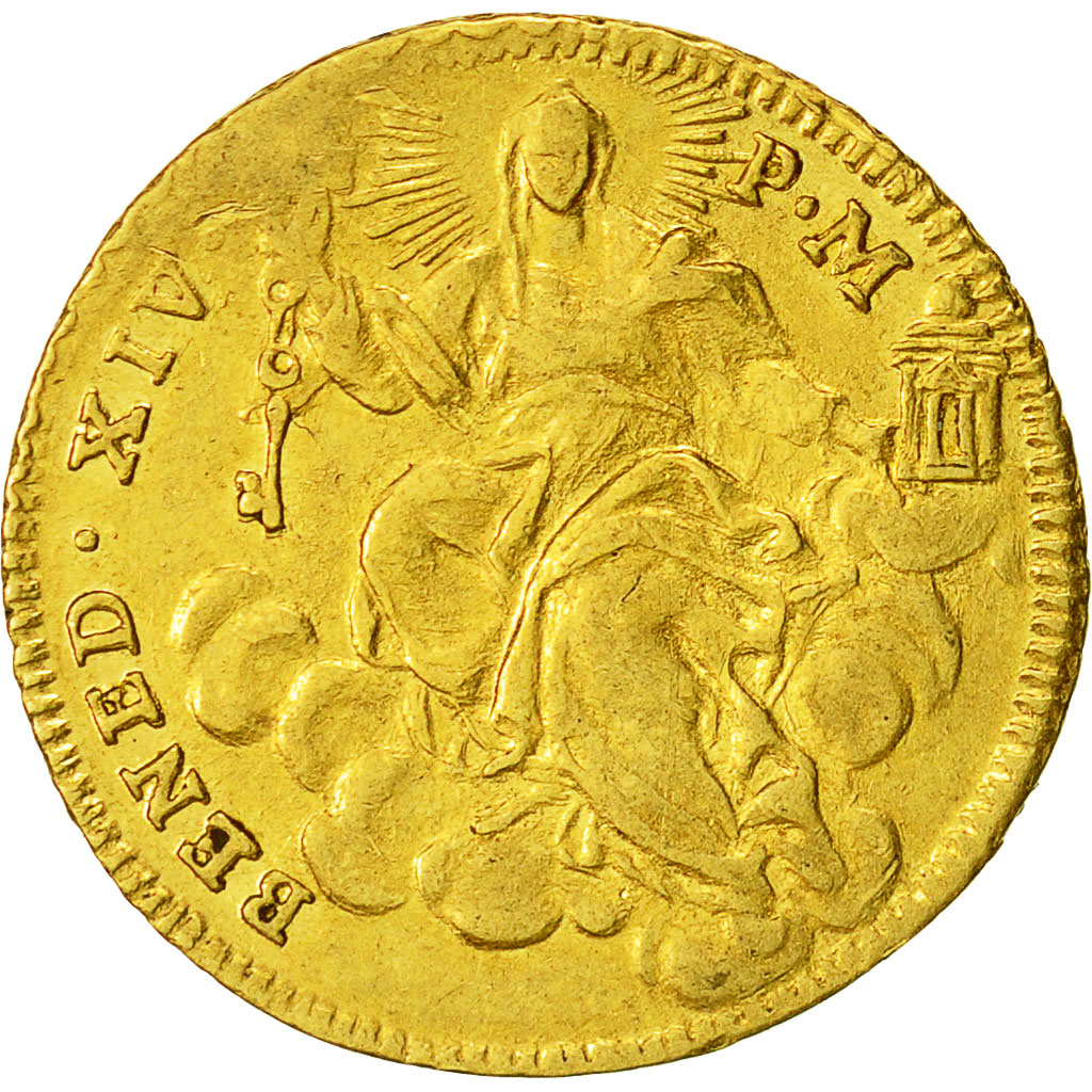 Coin, ITALIAN STATES, PAPAL STATES, Benedict XIV, Zecchino, Roma, AU(50-53)