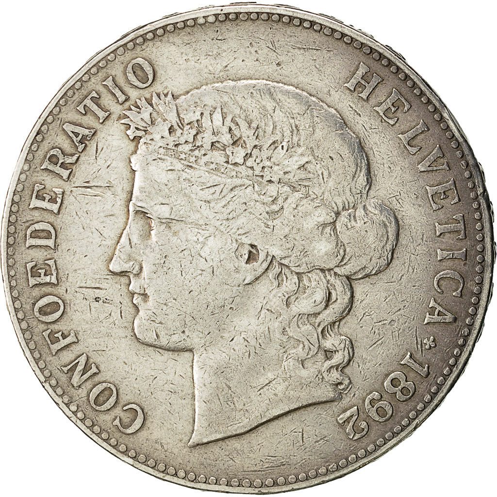 Coin, Switzerland, 5 Francs, 1892, Bern, EF(40-45), Silver, KM:34