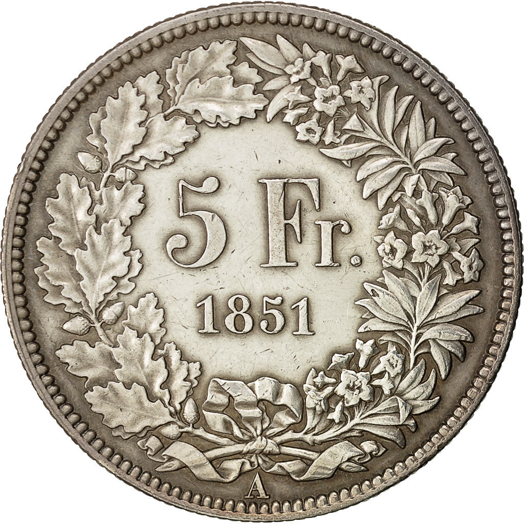 Coin, Switzerland, 5 Francs, 1851, Paris, AU(50-53), Silver, KM:11