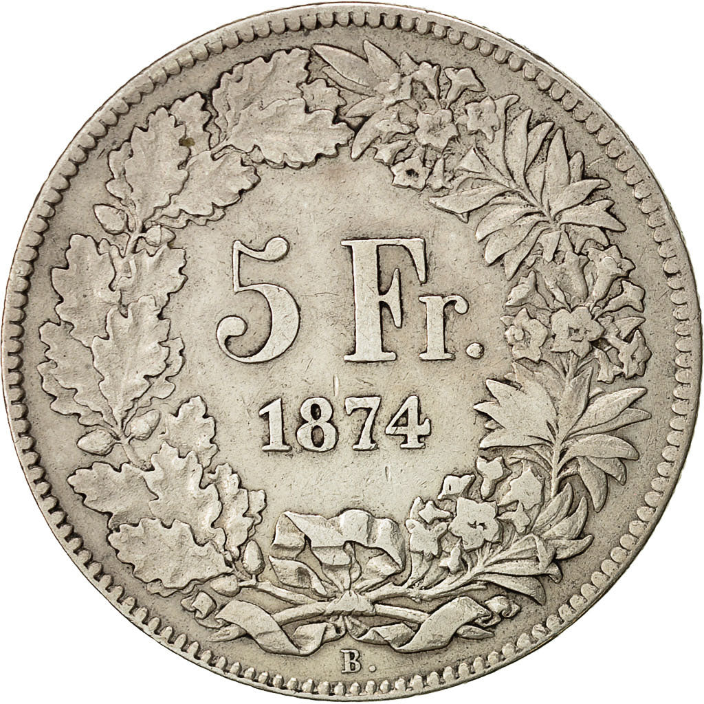 Coin, Switzerland, 5 Francs, 1874, Bern, EF(40-45), Silver, KM:11