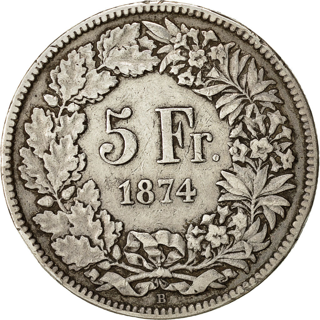 Coin, Switzerland, 5 Francs, 1874, Brussels, EF(40-45), Silver, KM:11