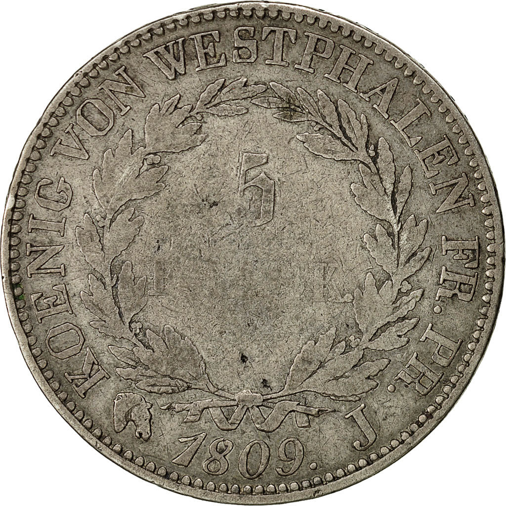 Coin, German States, WESTPHALIA, Jerome, 5 Franken, 1809, F(12-15), Silver