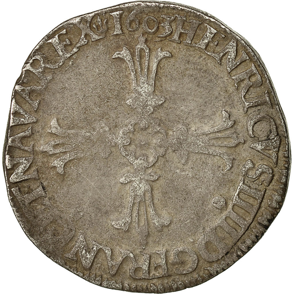 Moneta, Francia, Henri IV, 1/4 Ecu, 1603, Rennes, MB+, Argento, Sombart:4686