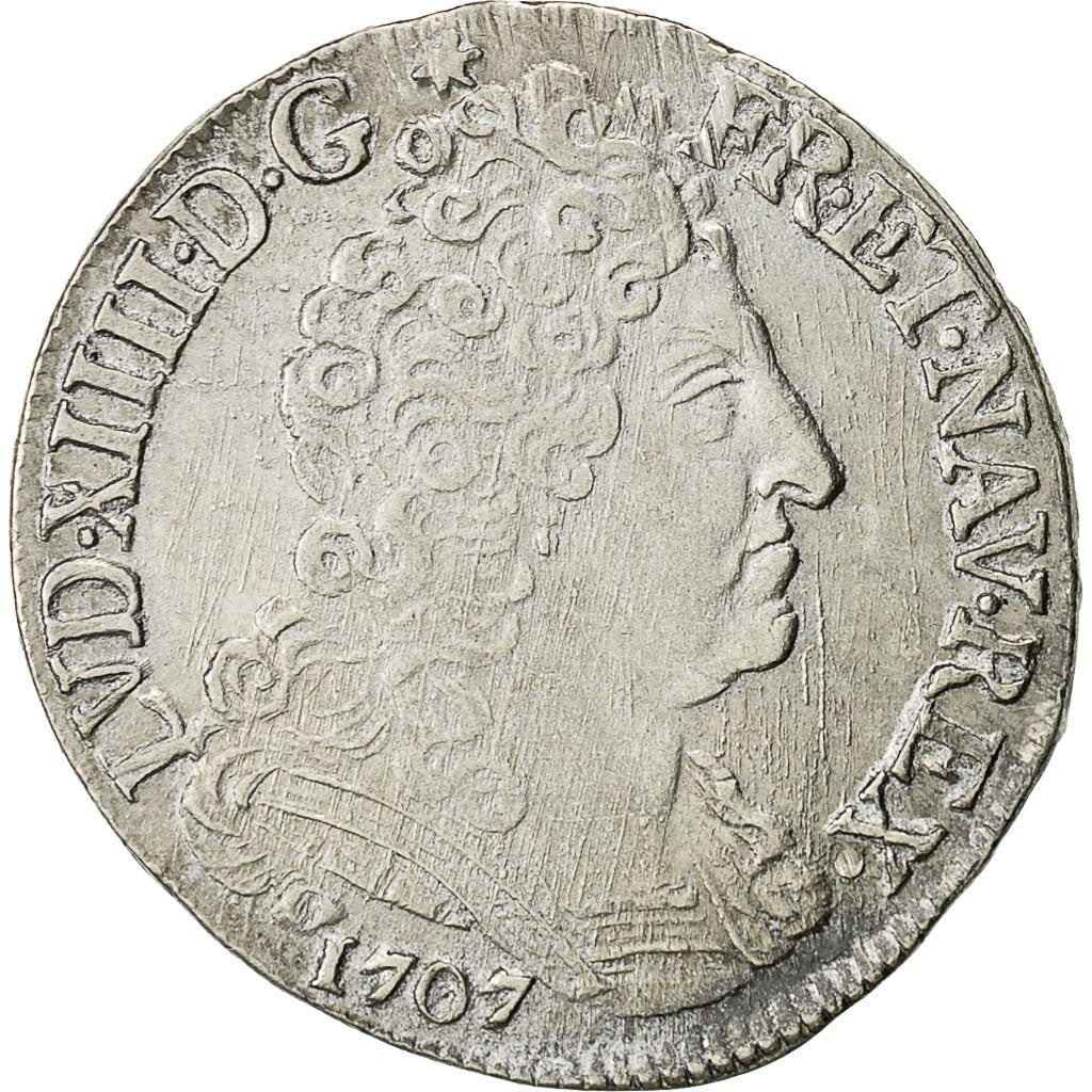 Coin, France, Louis XIV, 20 Sols aux insignes, 1/4 Ecu, 1707, Rennes, AU(50-53)