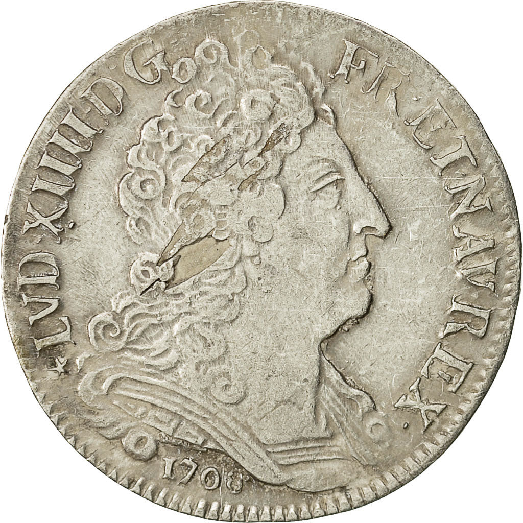 Moneta, Francia, Louis XIV, 20 Sols aux insignes, 1/4 Ecu, 1708, Lille, MB+