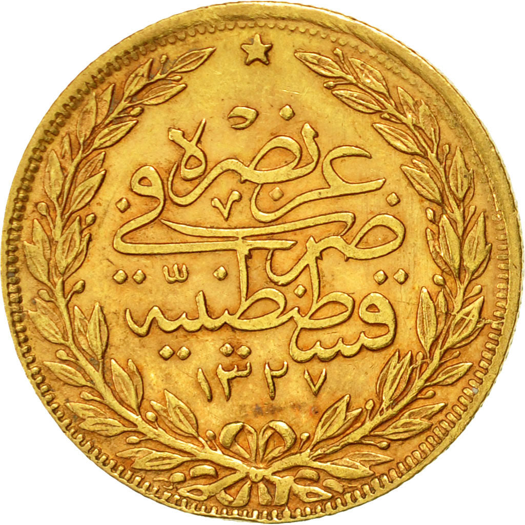 Coin, Turkey, Muhammad V, 100 Kurush, 1915, Qustantiniyah, EF(40-45), Gold