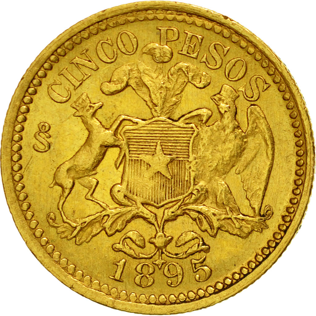 Moneda, Chile, 5 Pesos, 1895, MBC, Oro, KM:153