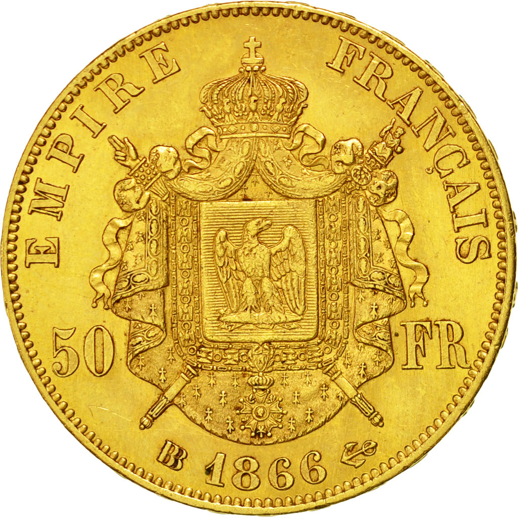 Moneda, Francia, Napoleon III, 50 Francs, 1866, Strasbourg, KM:804.2