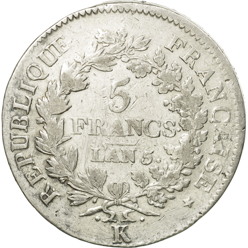 Coin, France, Union et Force, 5 Francs, AN 5, Bordeaux, VF(30-35), Silver