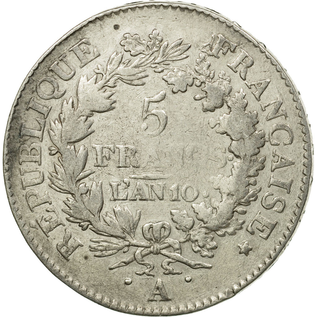 Moneda, Francia, Union et Force, 5 Francs, An 10, Paris, BC+, Plata, KM:639.1