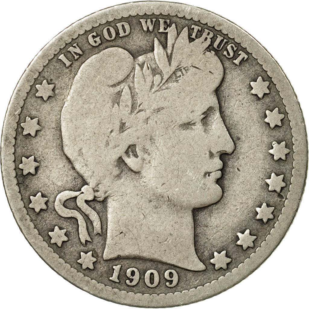 Coin, United States, Barber Quarter, Quarter, 1909, U.S. Mint, New Orleans