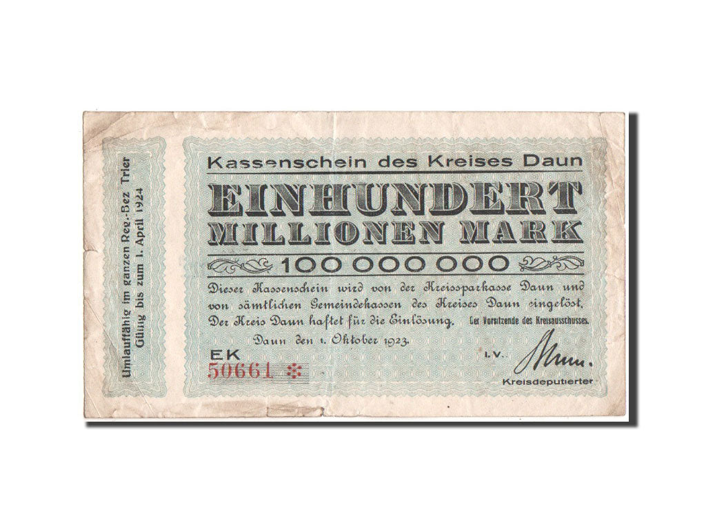 Germany, Kreises Daun, 100 Millions Mark, 1.10.1923, Notgeld, Pick UNL