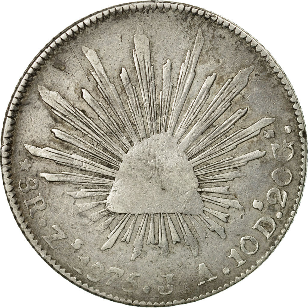 Moneda, México, 8 Reales, 1875, Zacatecas, BC+, Plata, KM:377.13