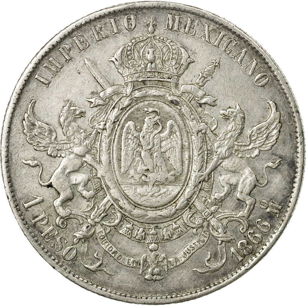 Moneda, México, Maximilian, Peso, 1866, Mexico City, MBC, Plata, KM:388.1