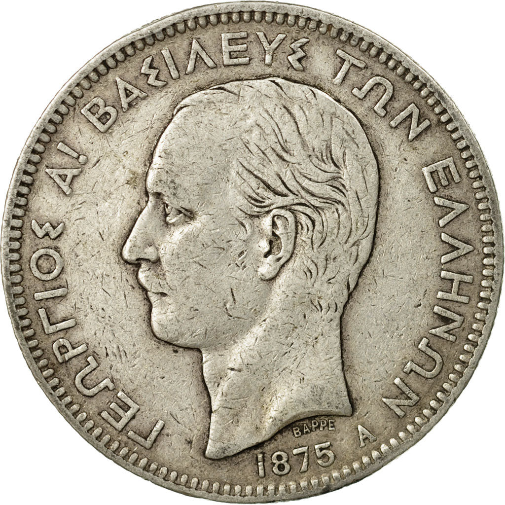 Coin, Greece, George I, 5 Drachmai, 1875, Paris, EF(40-45), Silver, KM:46