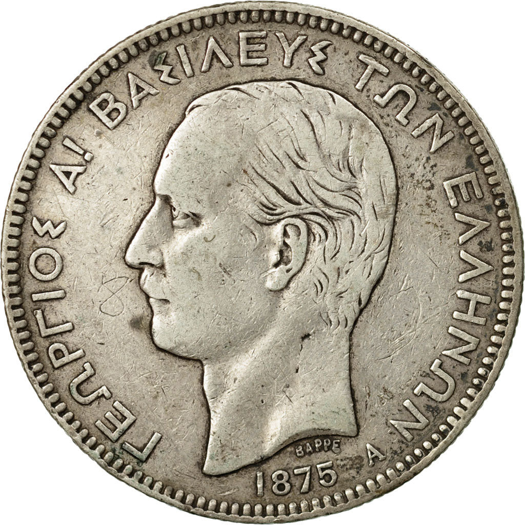 Coin, Greece, George I, 5 Drachmai, 1875, Paris, EF(40-45), Silver, KM:46