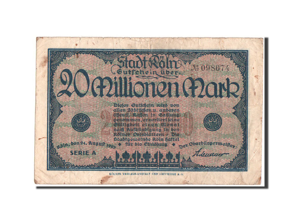 Banknote, Germany, Köln, 20 Millions Mark, Notgeld, 1923, 24.8.1923, VF(20-25)
