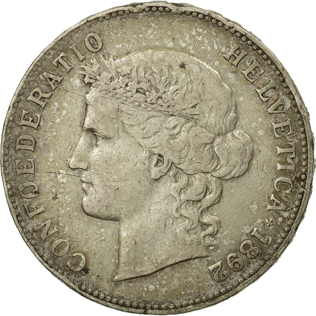 Coin, Switzerland, 5 Francs, 1892, Bern, VF(30-35), Silver, KM:34