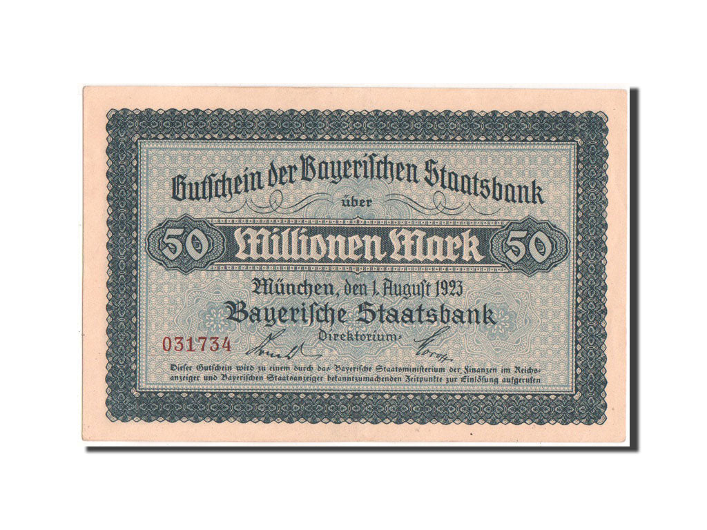 Banknote, Germany, Munich, 50 Millionen Mark, Bayerische Staatsbank, 1923