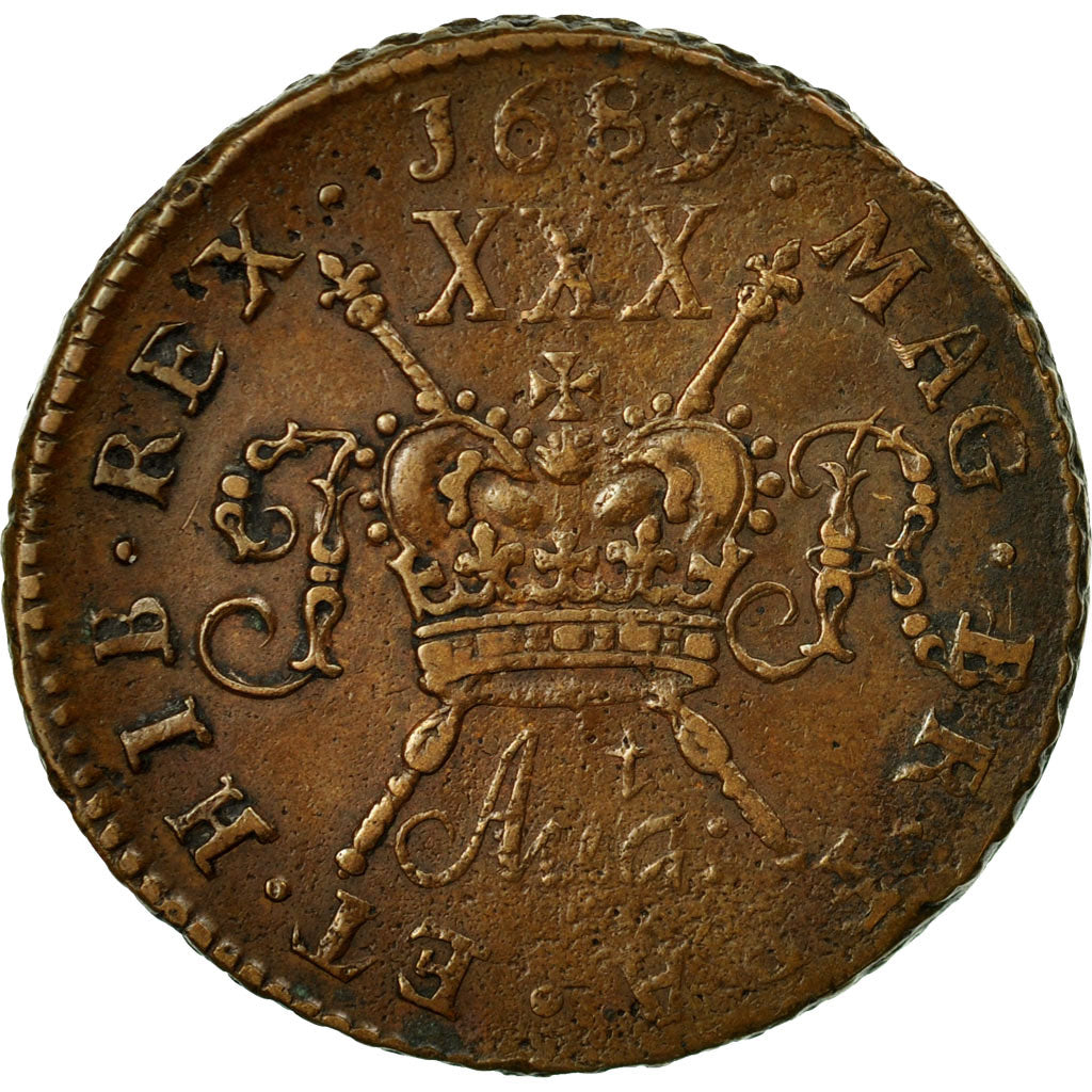 Coin, Ireland, 1/2 Crown, 1689, EF(40-45), Brass, KM:95