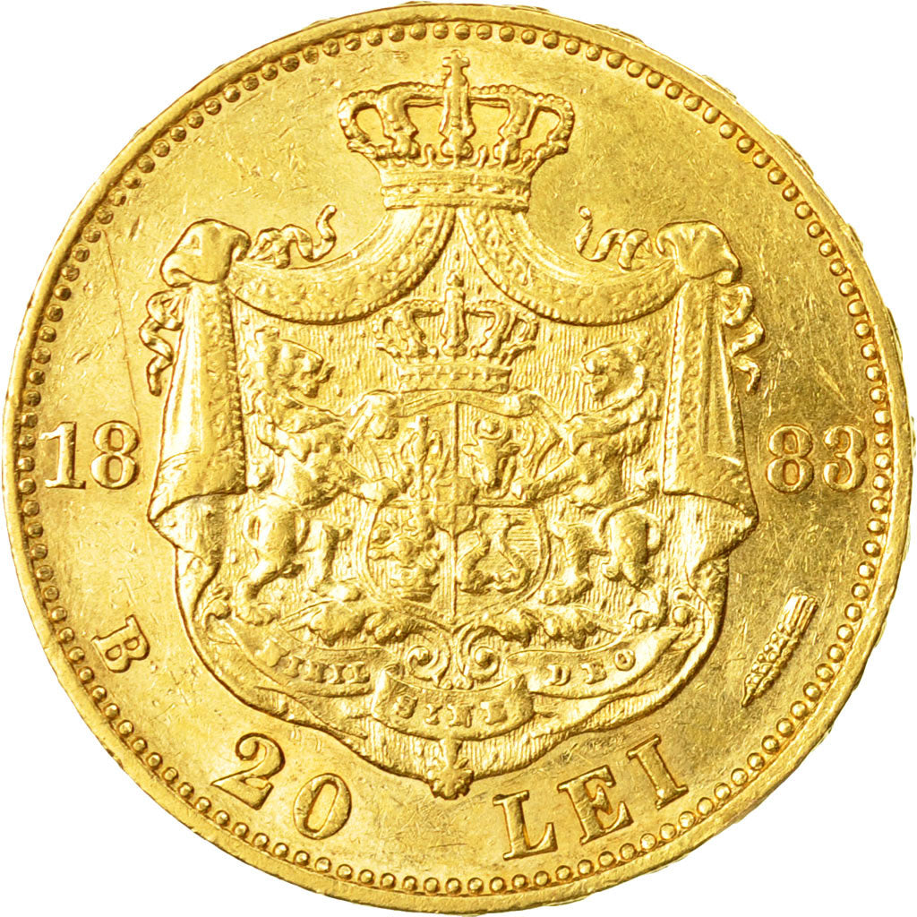 Romania, Carol I, 20 Lei, 1883, AU(55-58), Gold, KM:20