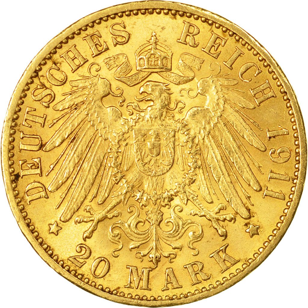 Coin, German States, BADEN, Friedrich II, 20 Mark, 1911, Stuttgart, AU(55-58)