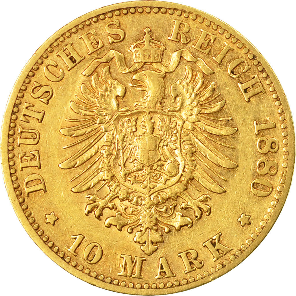 Coin, German States, BAVARIA, Ludwig II, 10 Mark, 1880, Munich, EF(40-45), Gold