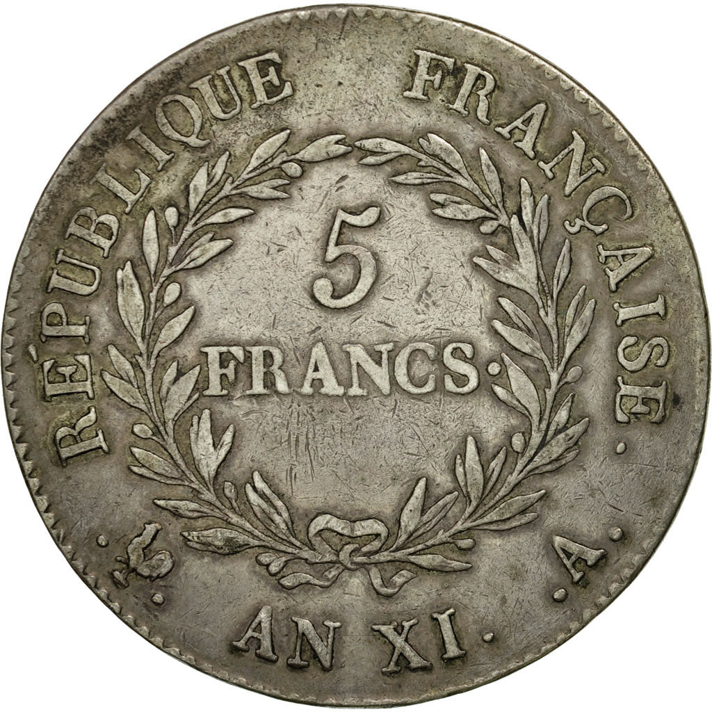 Coin, France, Napoleon I, 5 Francs, An XI, Paris, EF(40-45), Silver, KM:650.1