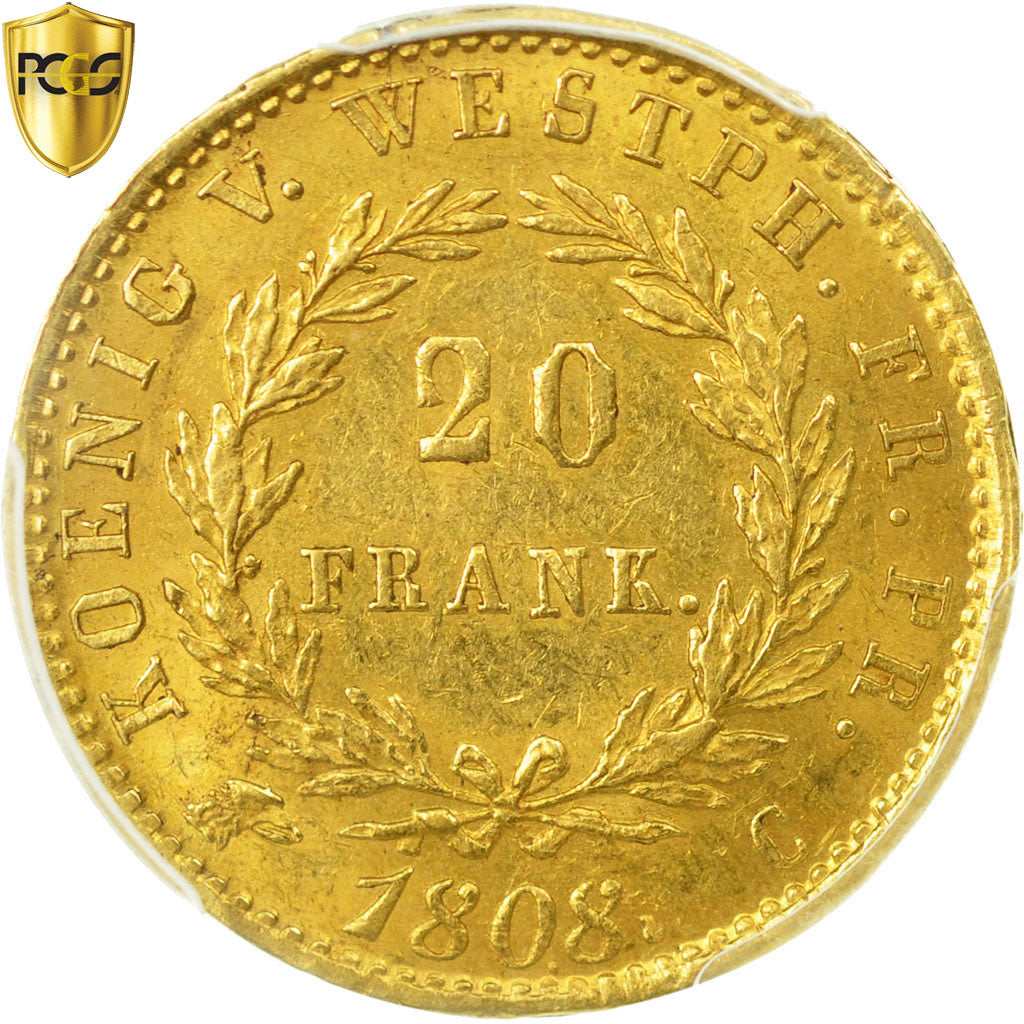 Coin, German States, WESTPHALIA, Jerome, 20 Franken, 1808, Cassel, PCGS, AU58