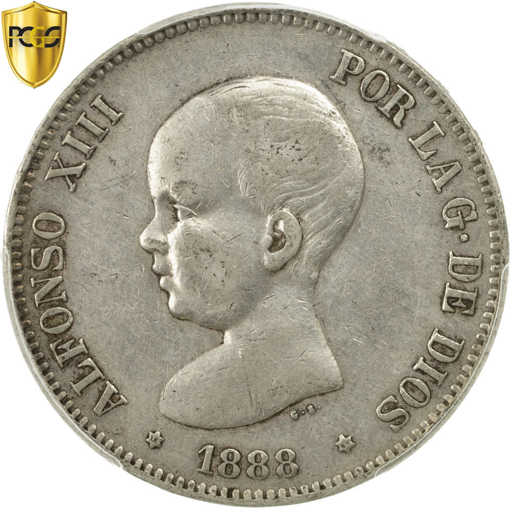 Moneda, España, Alfonso XIII, 5 Pesetas, 1888, Madrid, MS-M, PCGS, XF40, Plata