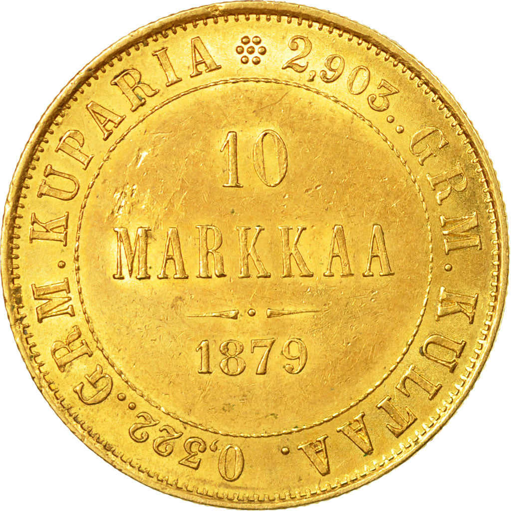 Coin, Finland, Nicholas II, 10 Markkaa, 1879, Helsinki, AU(50-53), Gold, KM:8.2