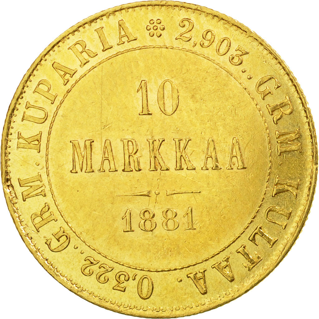 Coin, Finland, Nicholas II, 10 Markkaa, 1881, Helsinki, AU(55-58), Gold, KM:8.2