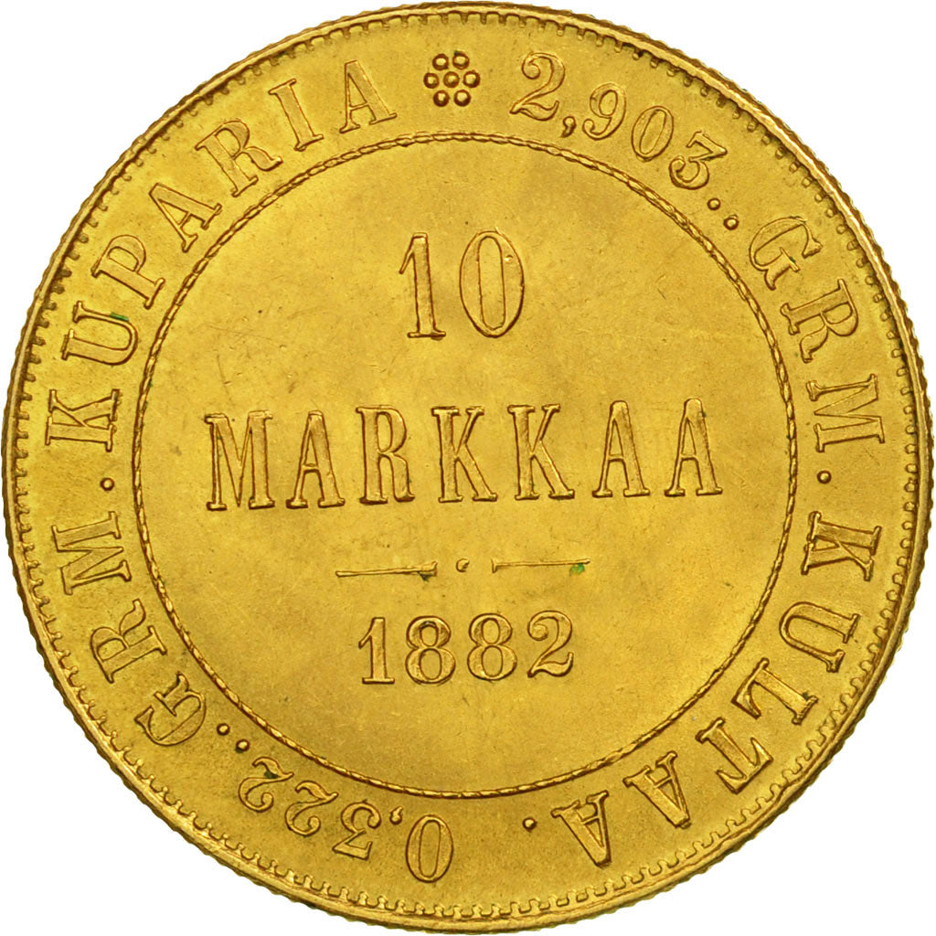 Coin, Finland, Nicholas II, 10 Markkaa, 1882, Helsinki, AU(55-58), Gold, KM:8.2