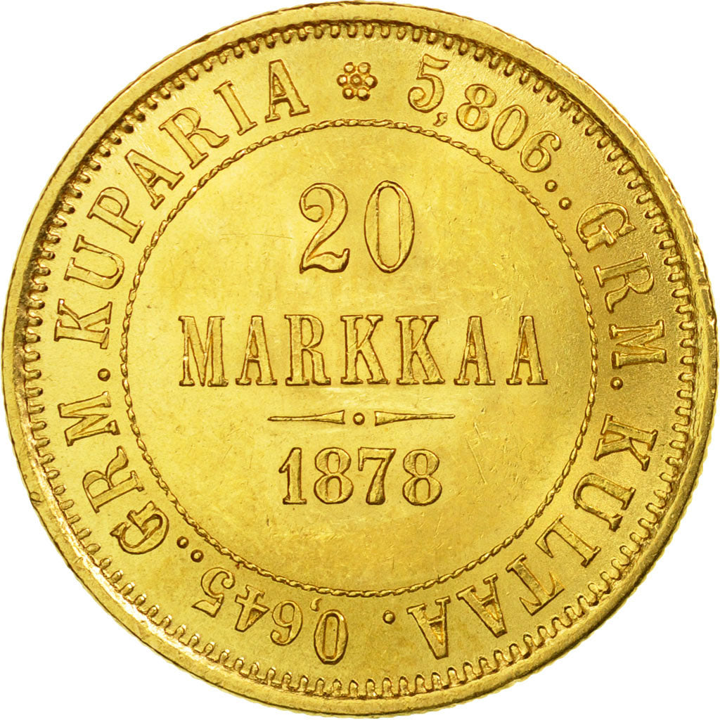 Moneda, Finlandia, Alexander II, 20 Markkaa, 1878, Helsinki, SC, Oro, KM:9.1