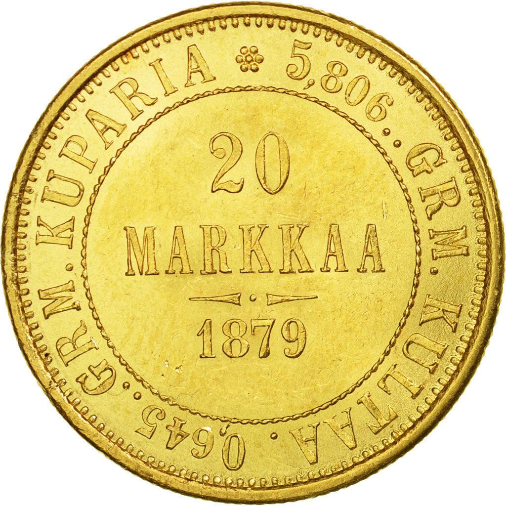 Coin, Finland, Nicholas II, 20 Markkaa, 1879, Helsinki, MS(63), Gold, KM:9.2