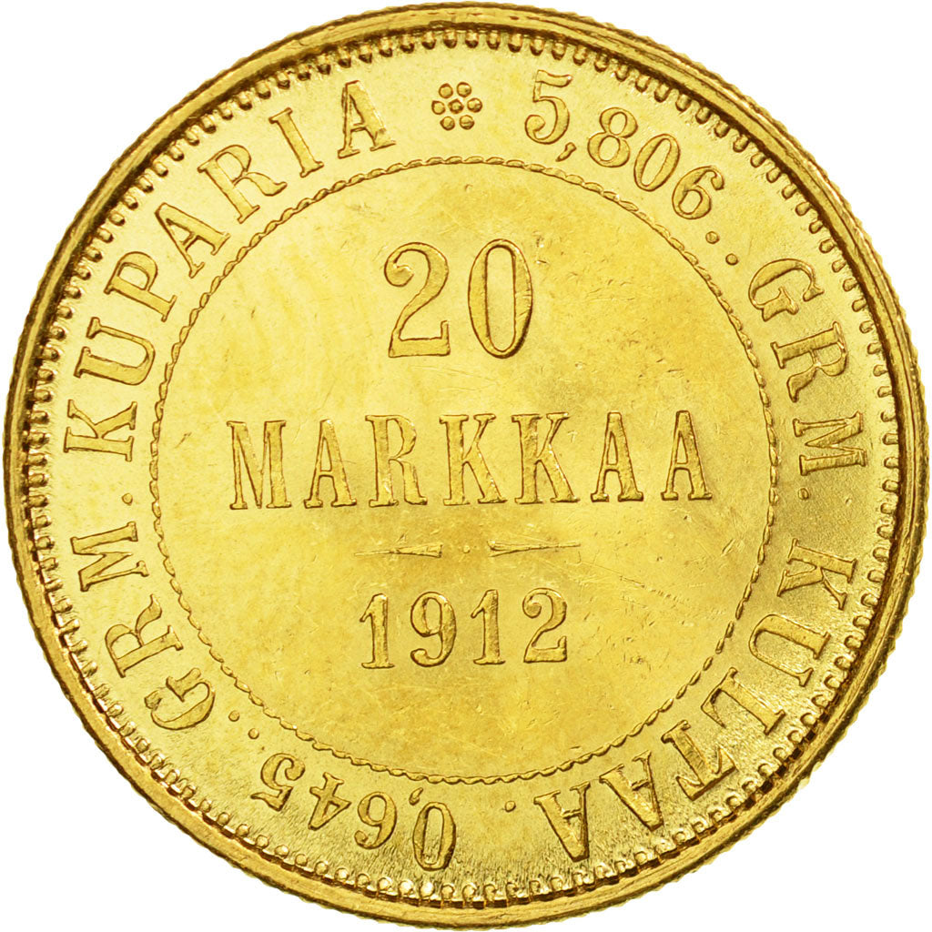 Coin, Finland, Nicholas II, 20 Markkaa, 1912, Helsinki, MS(63), Gold, KM:9.2