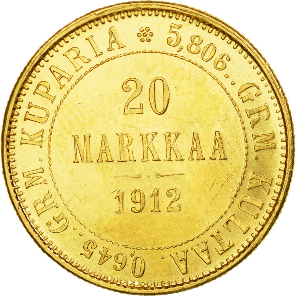 Coin, Finland, Nicholas II, 20 Markkaa, 1912, Helsinki, MS(63), Gold, KM:9.2