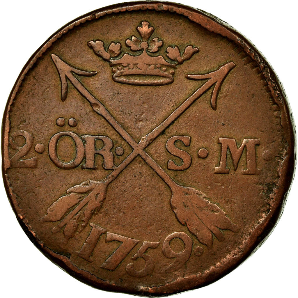 Moneda, Suecia, Adolf Frederick, 2 Ore, S.M., 1759, MBC, Cobre, KM:461