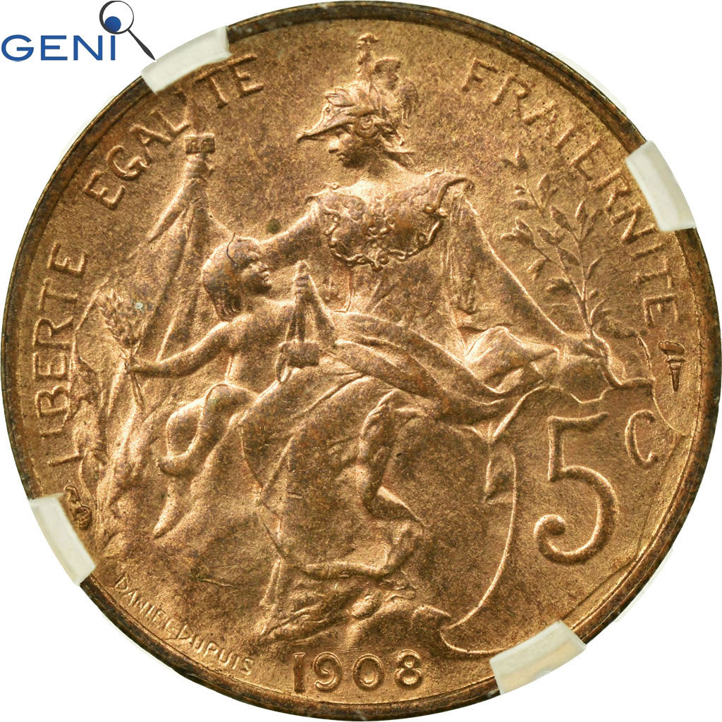 Moneda, Francia, Dupuis, 5 Centimes, 1908, Paris, GENI, MS64RB, Bronce, KM:842