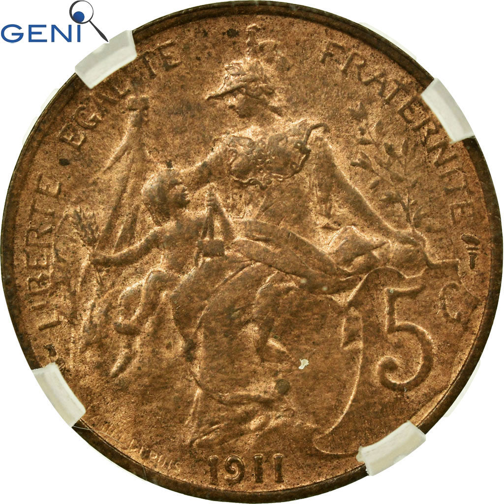 Moneta, Francia, Dupuis, 5 Centimes, 1911, Paris, GENI, MS62RB, Bronzo, KM:842