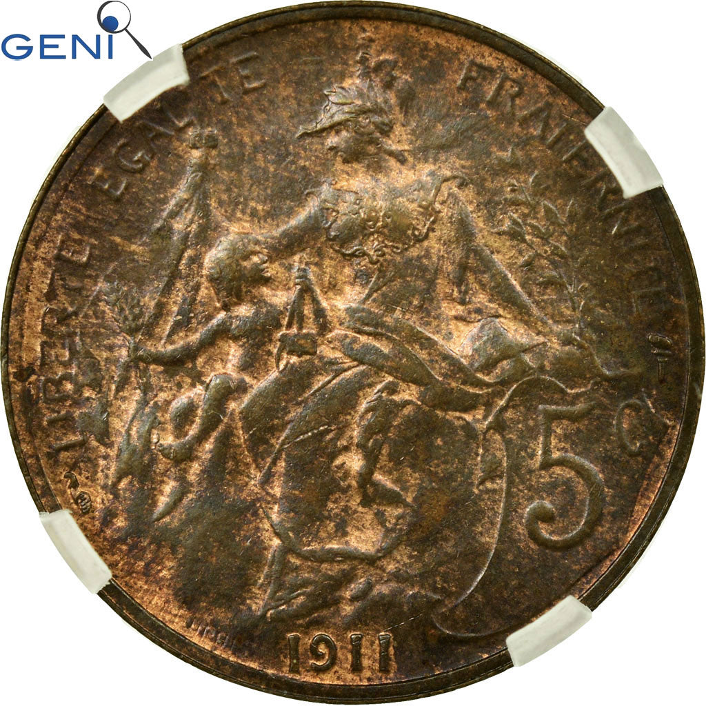 Monnaie, France, Dupuis, 5 Centimes, 1911, Paris, GENI, MS63BR, Bronze