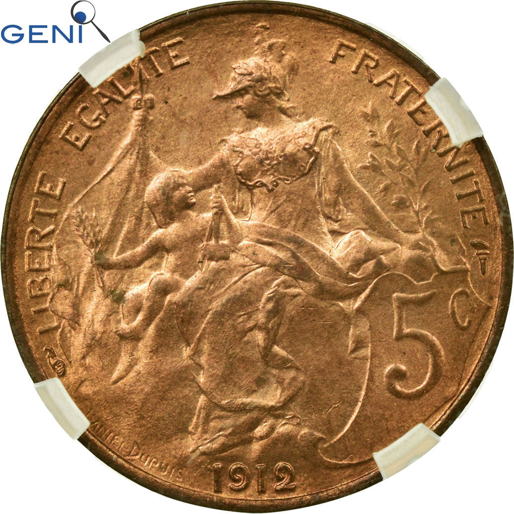 Moneta, Francia, Dupuis, 5 Centimes, 1912, Paris, GENI, MS64RB, Bronzo, KM:842