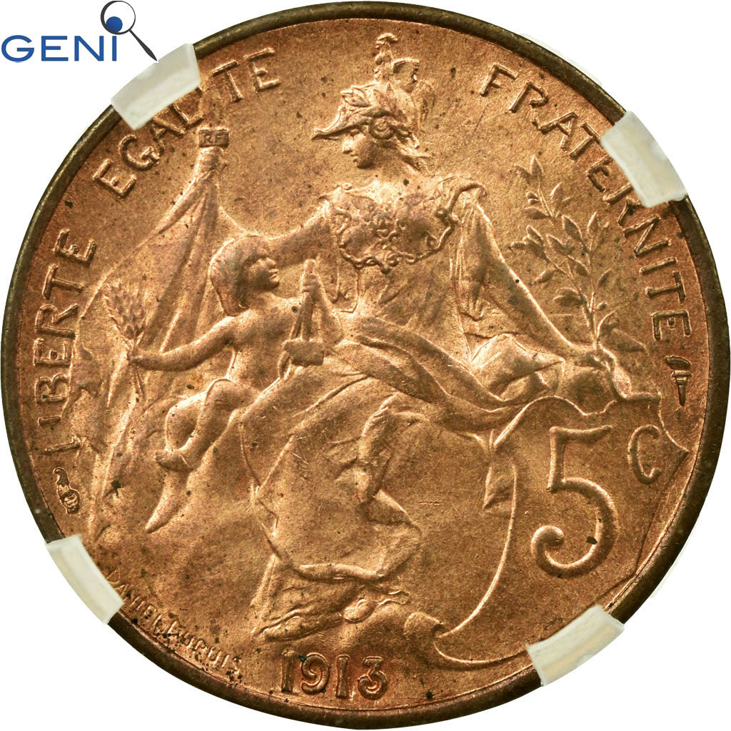Monnaie, France, Dupuis, 5 Centimes, 1913, Paris, GENI, MS63RB, Bronze