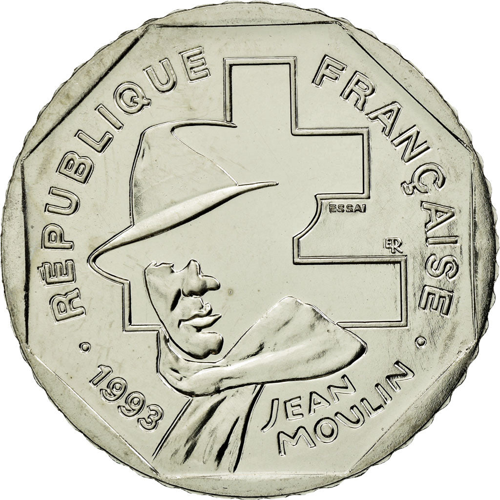 Coin, France, Jean Moulin, 2 Francs, 1993, Paris, ESSAI, MS(63), Nickel