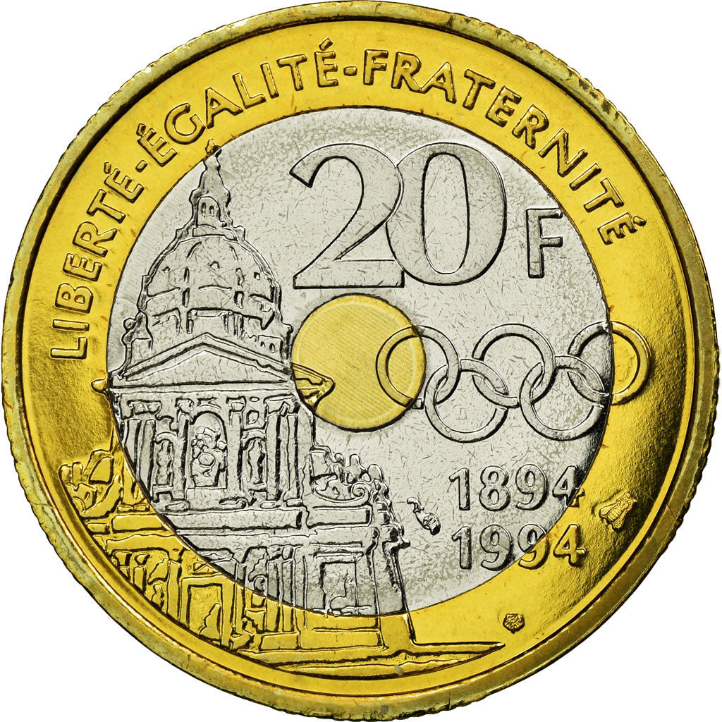 Coin, France, Pierre de Coubertin, 20 Francs, 1994, Paris, ESSAI, MS(63)