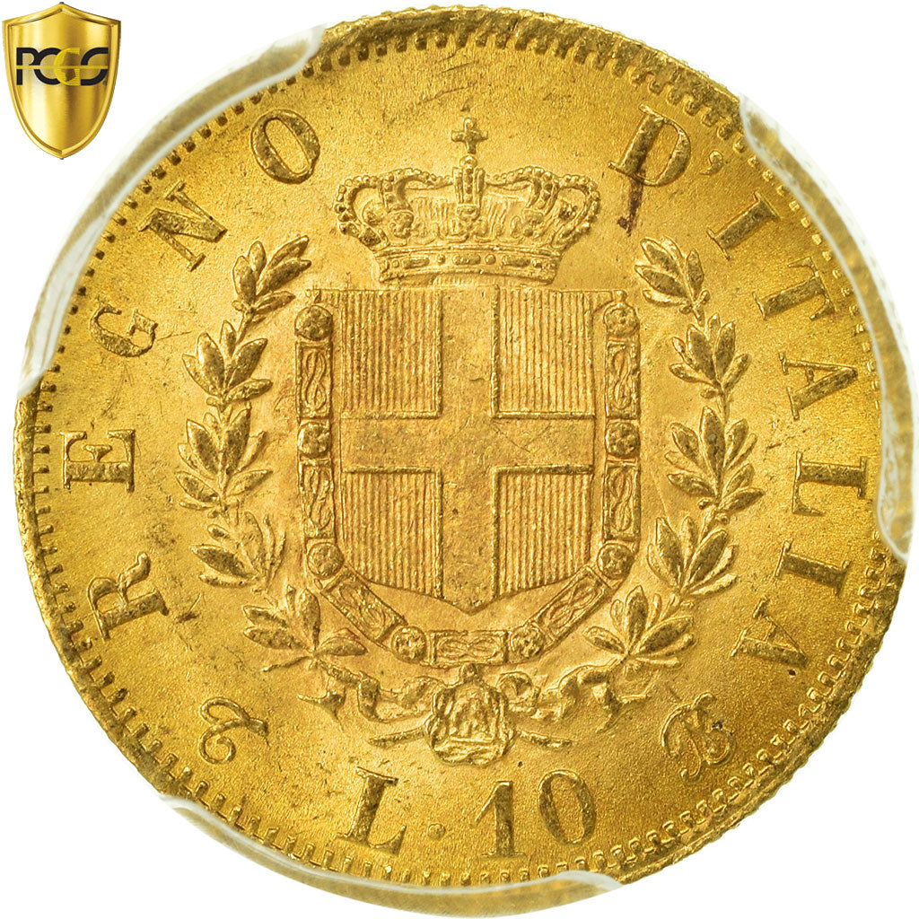 Coin, Italy, Vittorio Emanuele II, 10 Lire, 1863, Torino, PCGS, MS63, Gold