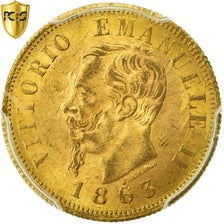 Moneda, Italia, Vittorio Emanuele II, 10 Lire, 1863, Torino, PCGS, MS63, Oro