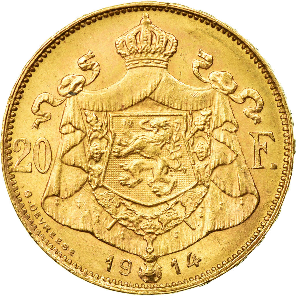 Moeda, Bélgica, 20 Francs, 20 Frank, 1914, MS(60-62), Dourado, KM:79