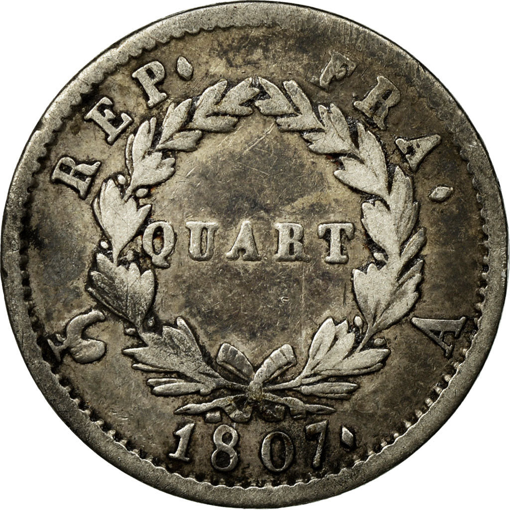 Coin, France, Napoléon I, 1/4 Franc, 1807, Paris, VF(30-35), Silver, KM:677