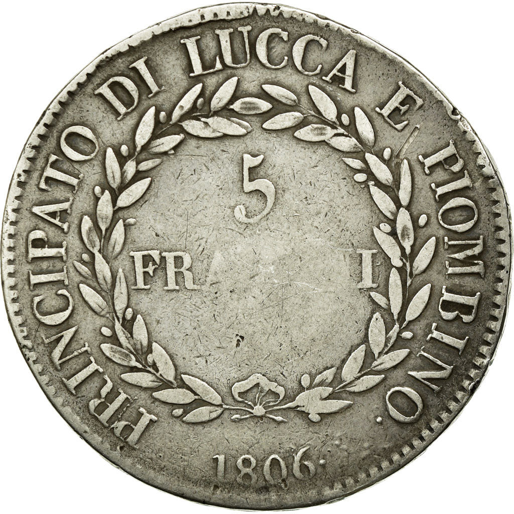 Monnaie, États italiens, LUCCA, Felix and Elisa, 5 Franchi, 1806, Firenze, TB